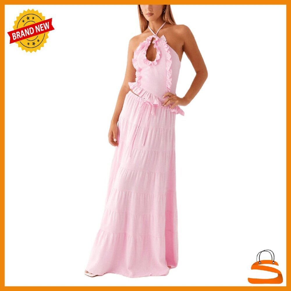 2 Piece Maxi Skirt Set Halter Top Ruffle Skirt Summer Beach Outfit